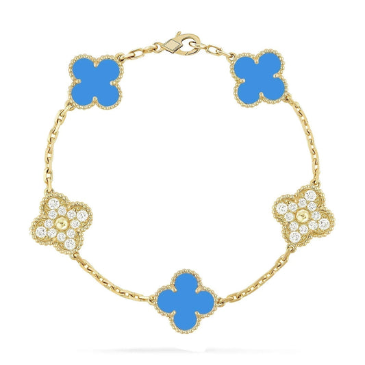 [Solara Jewelry]CLOVER 5 MOTIF BLUE CHALCEDONY DIAMOND GOLD BRACELET