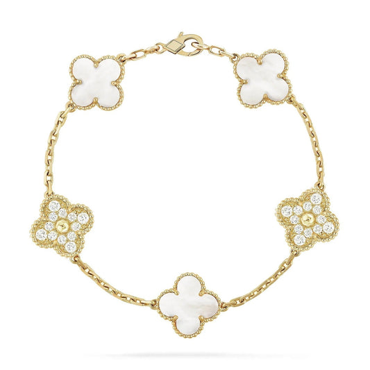 [Solara Jewelry]CLOVER BRACELET 5 MOTIF WHITE MOP DIAMOND