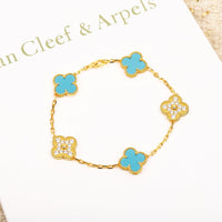 [Solara Jewelry]クローバー 5モチーフ ターコイズ ダイヤモンド ゴールド ブレスレット