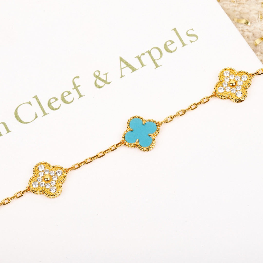 [Solara Jewelry]CLOVER 5 MOTIF TURQUOISE DIAMOND GOLD BRACELET