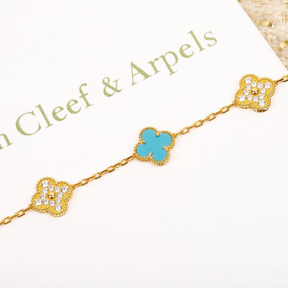 [Solara Jewelry]CLOVER 5 MOTIF TURQUOISE DIAMOND GOLD BRACELET