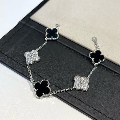 [Solara Jewelry]CLOVER 5 MOTIF ONYXS DIAMOND BRACELET SILVER