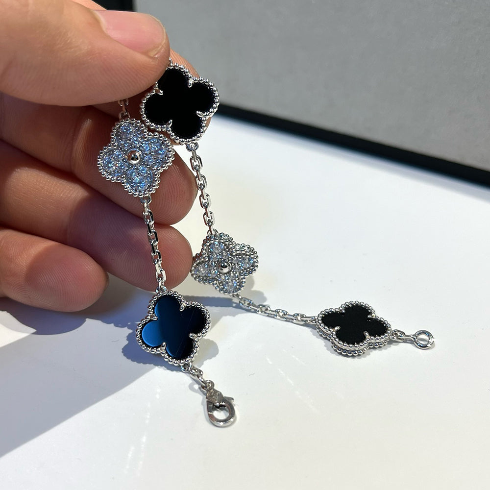 [Solara Jewelry]CLOVER 5 MOTIF ONYXS DIAMOND BRACELET SILVER