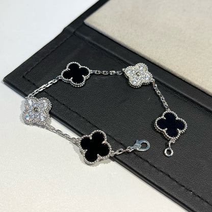 [Solara Jewelry]CLOVER 5 MOTIF ONYXS DIAMOND BRACELET SILVER