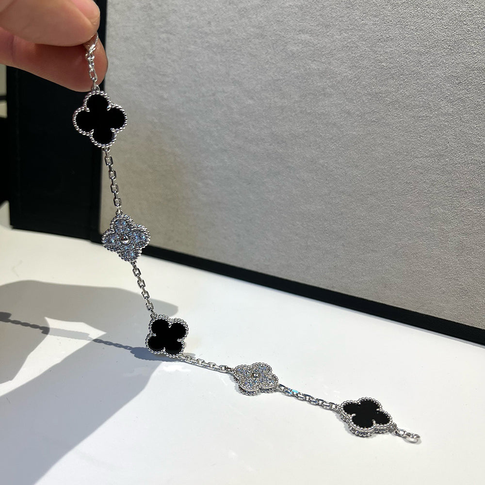 [Solara Jewelry]CLOVER 5 MOTIF ONYXS DIAMOND BRACELET SILVER