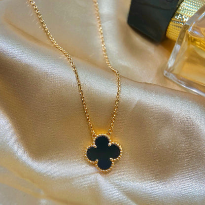[Solara Jewelry]CLOVER 15MM BLACK ONYX SINGLE FLOWER NECKLACE