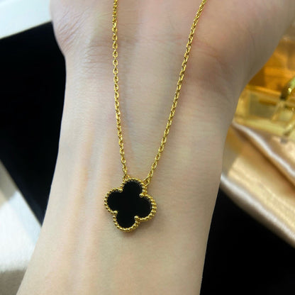 [Solara Jewelry]CLOVER 15MM BLACK ONYX SINGLE FLOWER NECKLACE