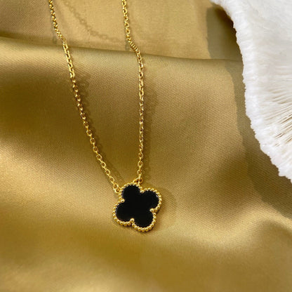[Solara Jewelry]CLOVER 15MM BLACK ONYX SINGLE FLOWER NECKLACE