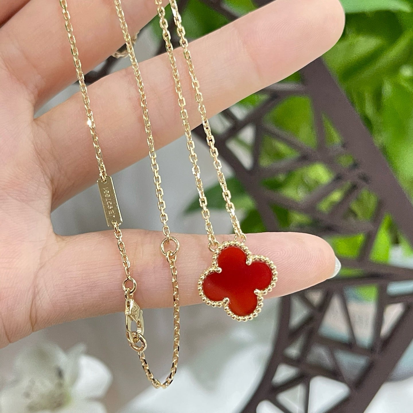 [Solara Jewelry]CLOVER 15MM CARNELIAN SINGLE FLOWER NECKLACE