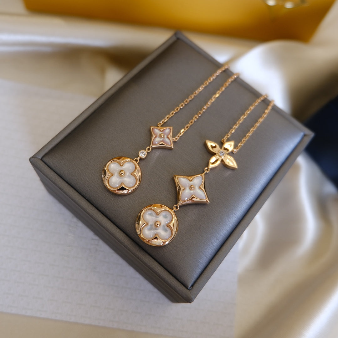 [Solara Jewelry]COLOR BLOSSOM LARIAT NECKLACE PINK GOLD WHITE MOTHER PEARL AND DIAMOND