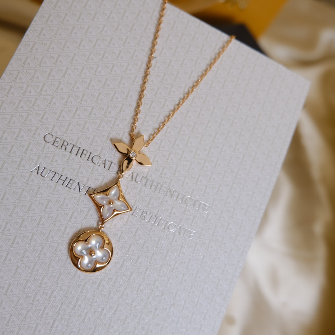 [Solara Jewelry]COLOR BLOSSOM LARIAT NECKLACE PINK GOLD WHITE MOTHER PEARL AND DIAMOND