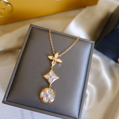[Solara Jewelry]COLOR BLOSSOM LARIAT NECKLACE PINK GOLD WHITE MOTHER PEARL AND DIAMOND