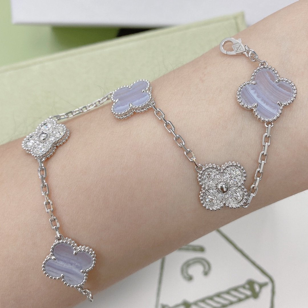 [Solara Jewelry]CLOVER  5 MOTIF DIAMOND PURPLE CHALCEDONY BRACELET SILVER