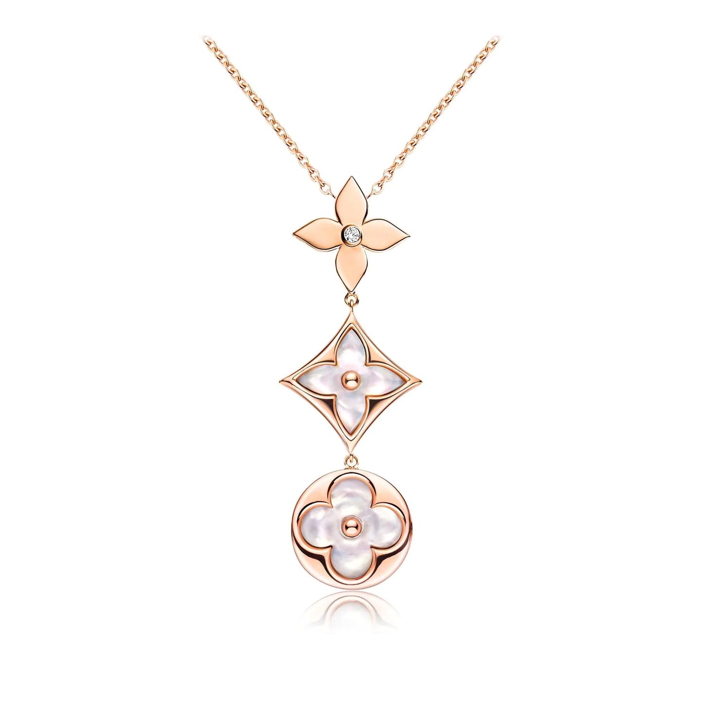 [Solara Jewelry]COLOR BLOSSOM LARIAT NECKLACE PINK GOLD WHITE MOTHER PEARL AND DIAMOND