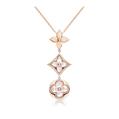 [Solara Jewelry]COLOR BLOSSOM LARIAT NECKLACE PINK GOLD WHITE MOTHER PEARL AND DIAMOND