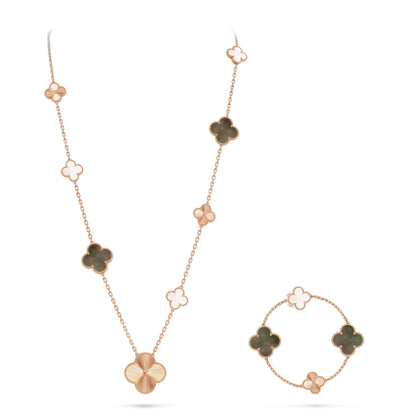 [Solara Jewelry]DETACHABLE CLOVER 15(11+4) FLOWER ROSE GOLD NECKLACE SET