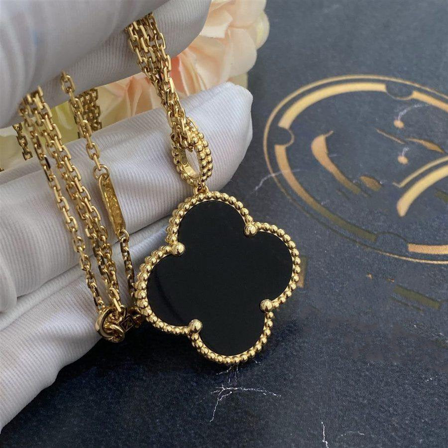 [Solara Jewelry]CLOVER 25MM GOLD ONYX BIG CLOVER NECKLACE