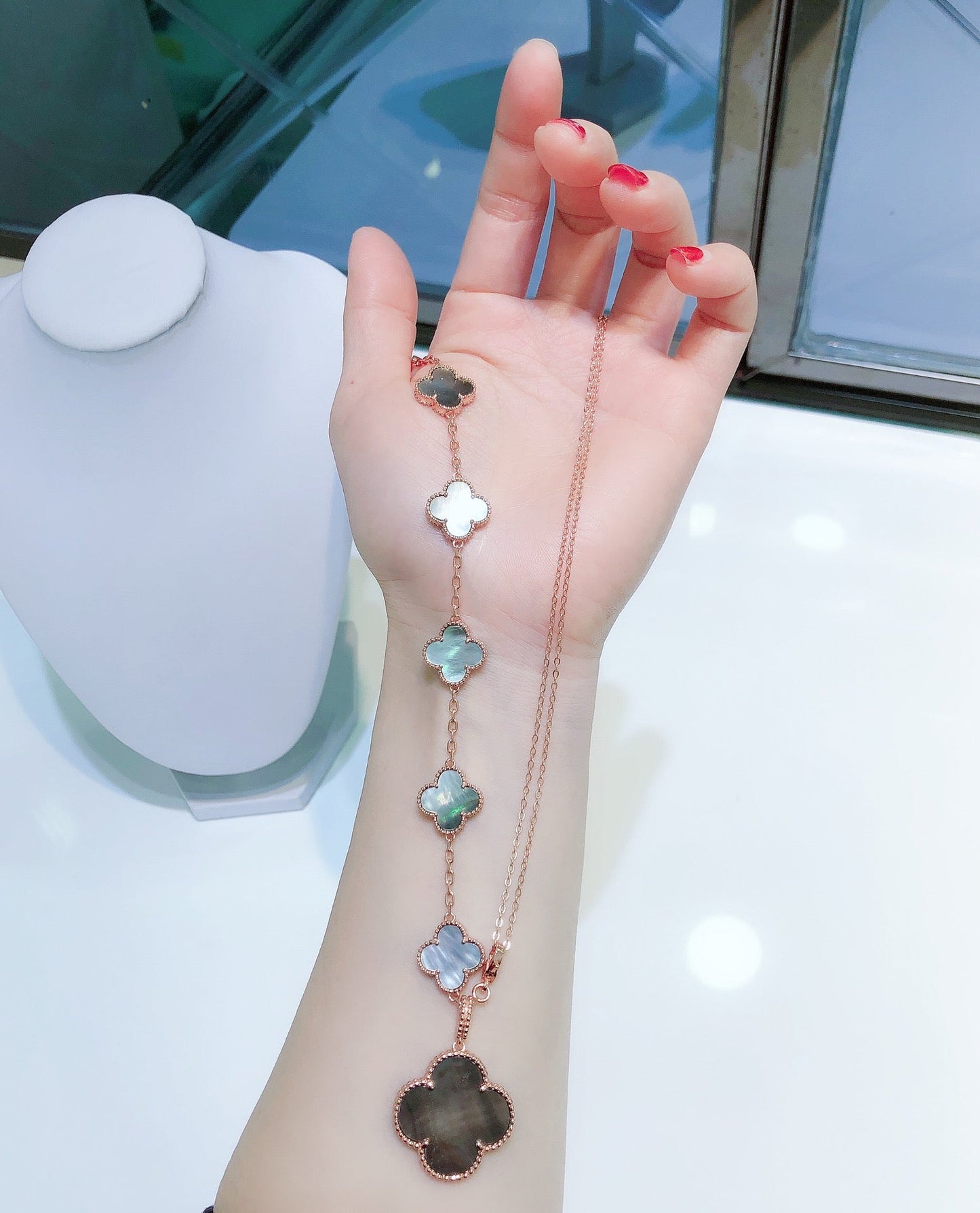 [Solara Jewelry]COMBINED BRACELET 5 MOTIFS AND NECKLACE DARK MOP ROSE GOLD