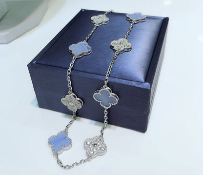 [Solara Jewelry]CLOVER 10 MOTIFS CHALCEDONY DIAMONDS SILVER NECKLACE