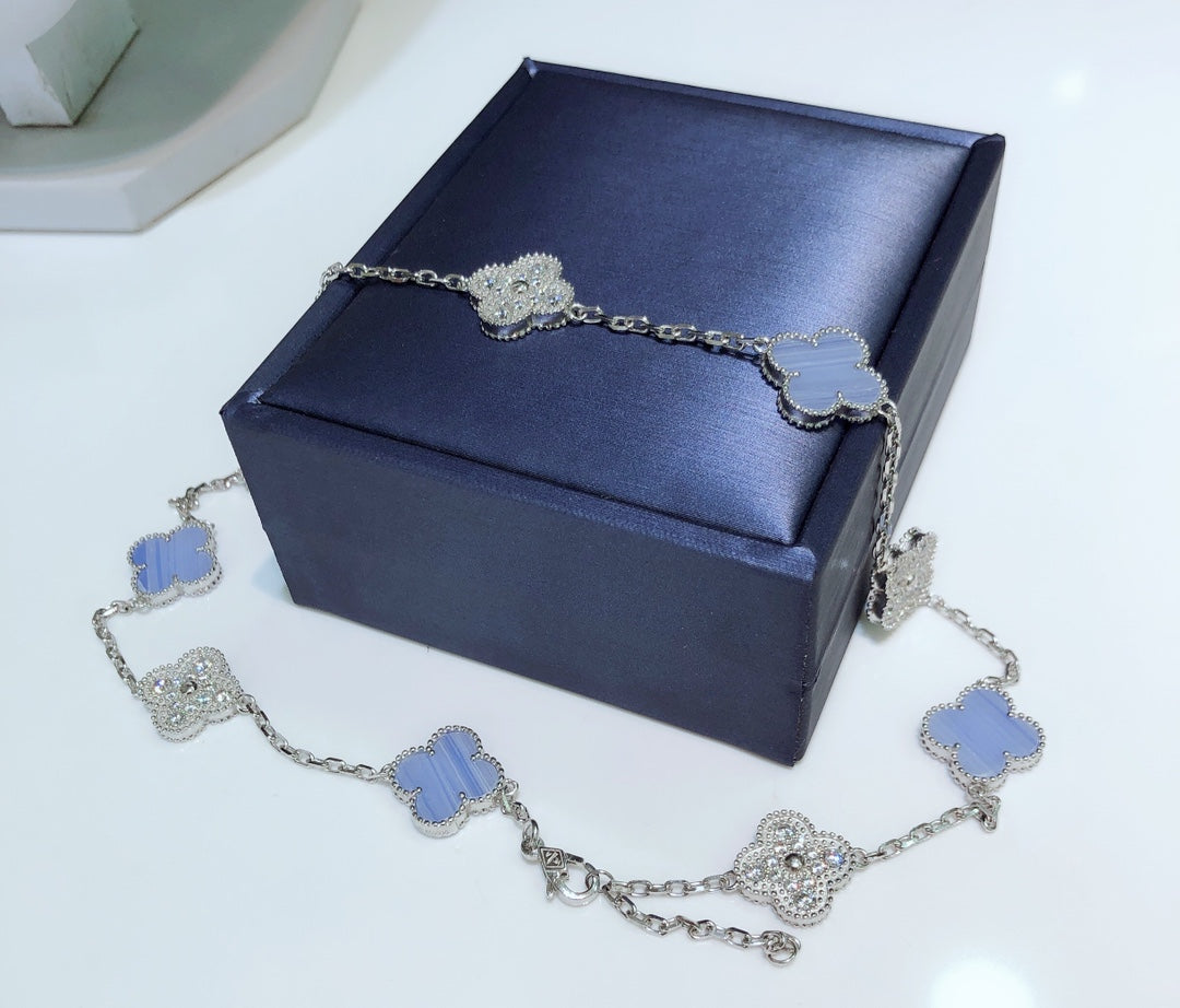 [Solara Jewelry]CLOVER 10 MOTIFS CHALCEDONY DIAMONDS SILVER NECKLACE