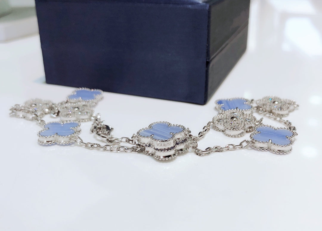 [Solara Jewelry]CLOVERS THE 10-MOTIFS CHALCEDONY DIAMONDS SILVER NECKLACE