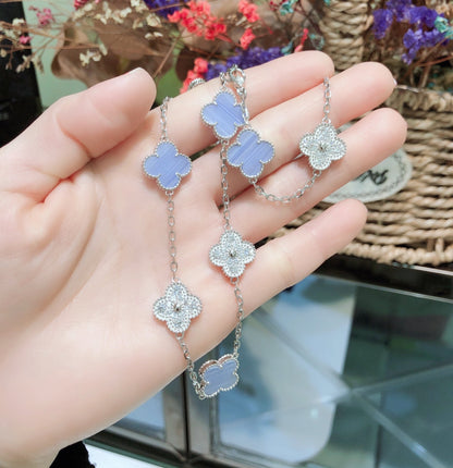 [Solara Jewelry]CLOVER 10 MOTIFS CHALCEDONY DIAMONDS SILVER NECKLACE