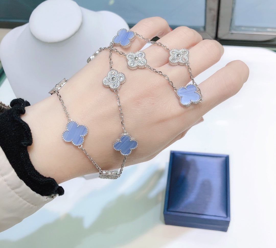 [Solara Jewelry]CLOVER 10 MOTIFS CHALCEDONY DIAMONDS SILVER NECKLACE