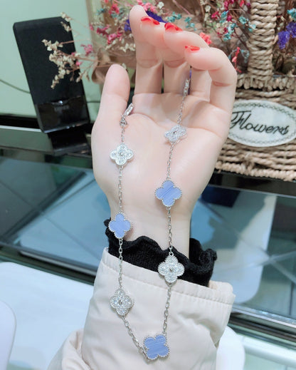 [Solara Jewelry]CLOVERS THE 10-MOTIFS CHALCEDONY DIAMONDS SILVER NECKLACE