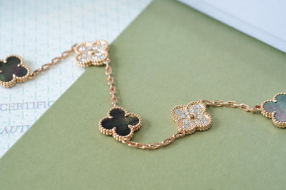 [Solara Jewelry]CLOVER 5 MOTIFS DARK MOP AND DIAMONDS PINK GOLD BRACELET